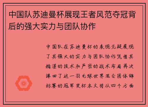 中国队苏迪曼杯展现王者风范夺冠背后的强大实力与团队协作